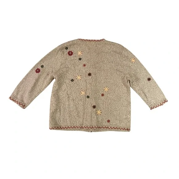 Vintage 90s Women's Hand Embroidered Floral Full Zip Natural Material Sweater- L - Picture 3 of 7